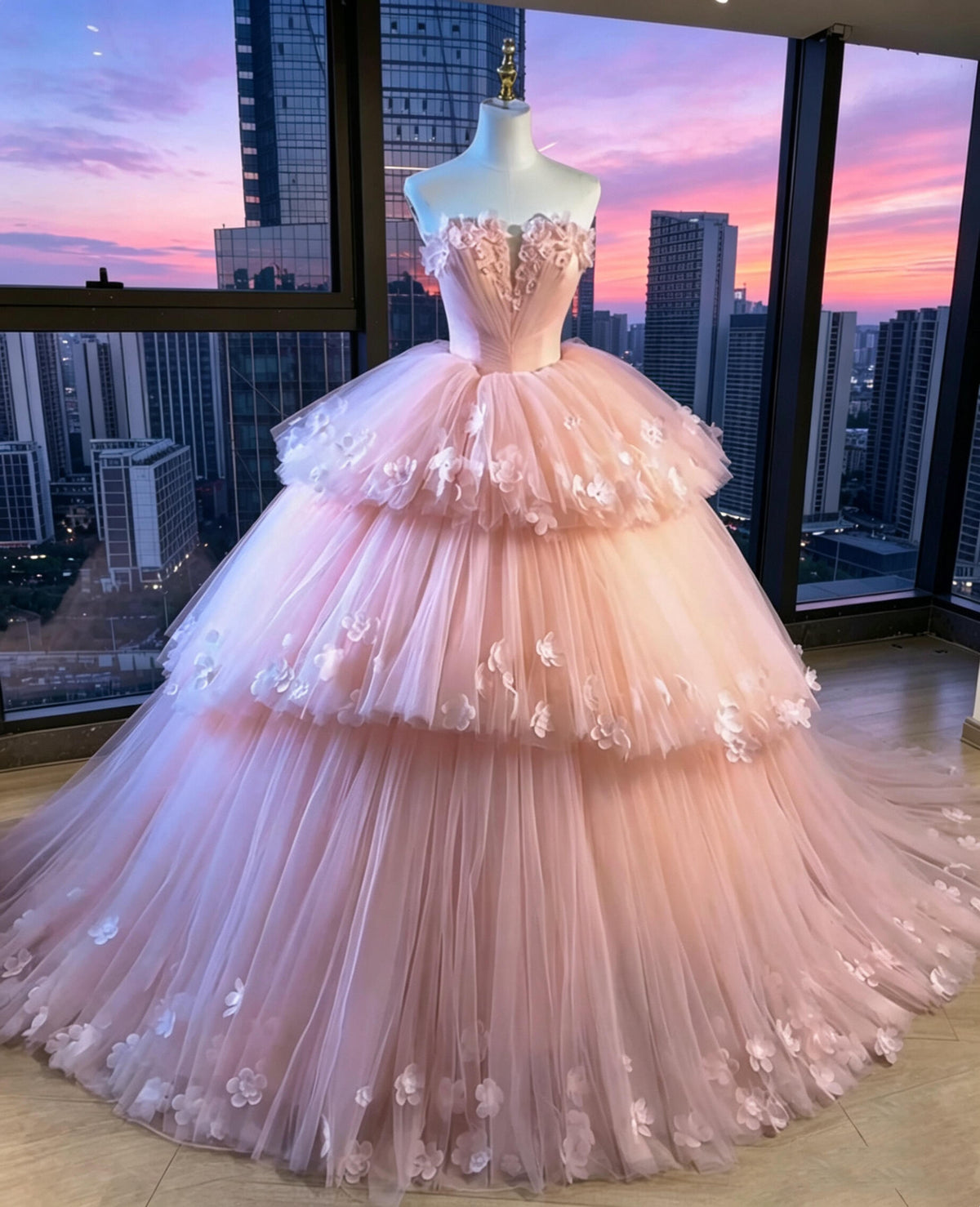 Fairy Quinceanera Dress Ball Gown Strapless Pink With Flowers Tiered Layers Quince Party Dresses RC1073