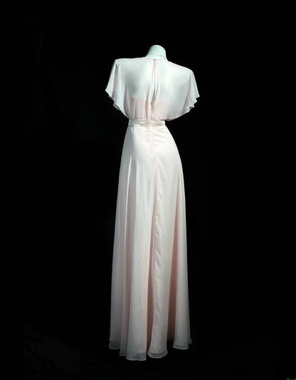 Understated Prom Dresses A Line V Neckline PinK Chiffon With Sleeves Evening Dress Formal Outfits RB5851
