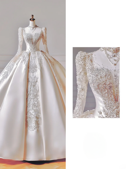 Prinzessinnen-Brautkleid, langes Ballkleid, eckiger Ausschnitt, lange Ärmel, Applikationen, perlenbesetztes Oberteil, Brautkleid AQ043