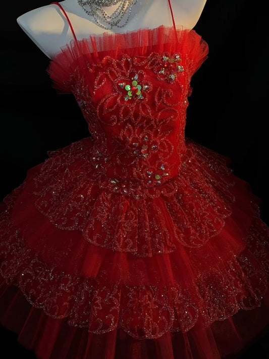 Pretty Ball Gown Spaghetti Strap Red Tulle Mini Graduation Dresses Short With Ruffled Inspo Senior Homecoming Outfits RB3446