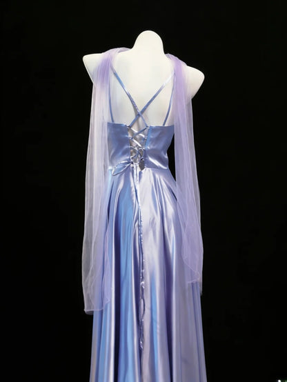 Robe de bal longue lilas à fines bretelles et foulard, coupe trapèze, style simple, avec foulard intégré (AS043)