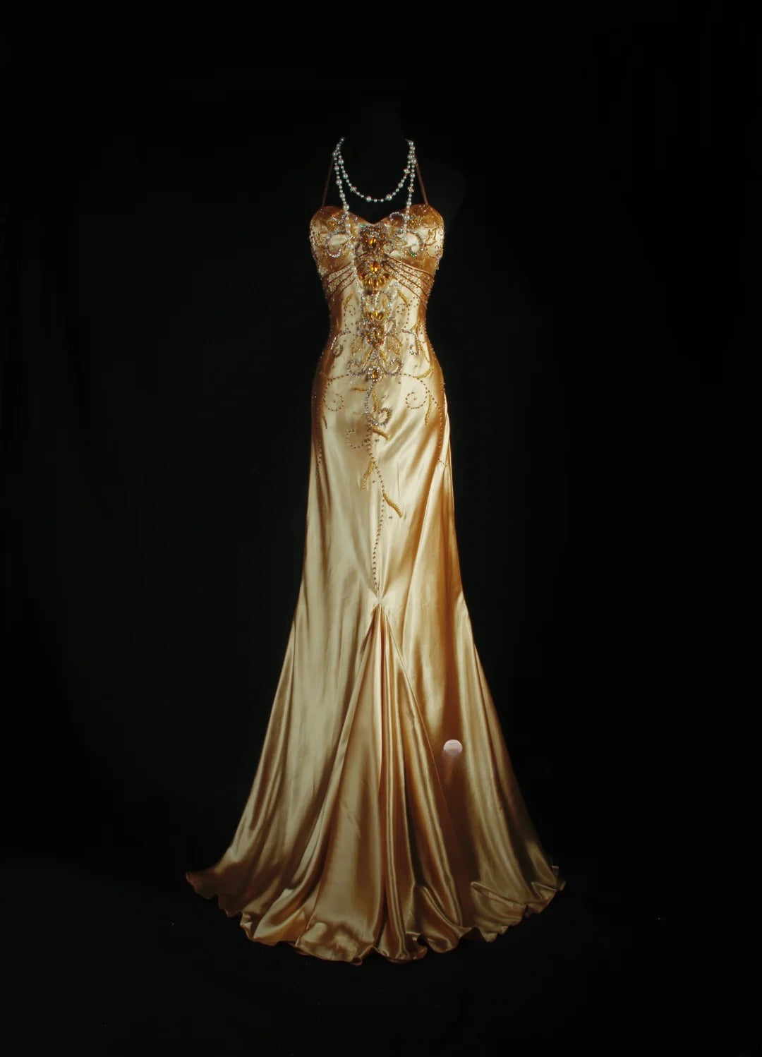 Vintage-Abendkleider im Stil der 90er Jahre, formell, Meerjungfrau, Neckholder, goldener Seidensatin mit Perlenstickerei, lange Partykleider, Ballkleider AS043