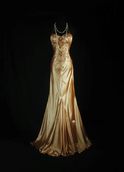 Vintage-Abendkleider im Stil der 90er Jahre, formell, Meerjungfrau, Neckholder, goldener Seidensatin mit Perlenstickerei, lange Partykleider, Ballkleider AS043
