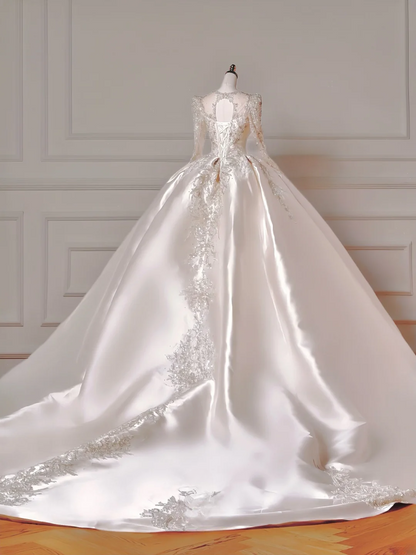 Prinzessinnen-Brautkleid, langes Ballkleid, eckiger Ausschnitt, lange Ärmel, Applikationen, perlenbesetztes Oberteil, Brautkleid AQ043