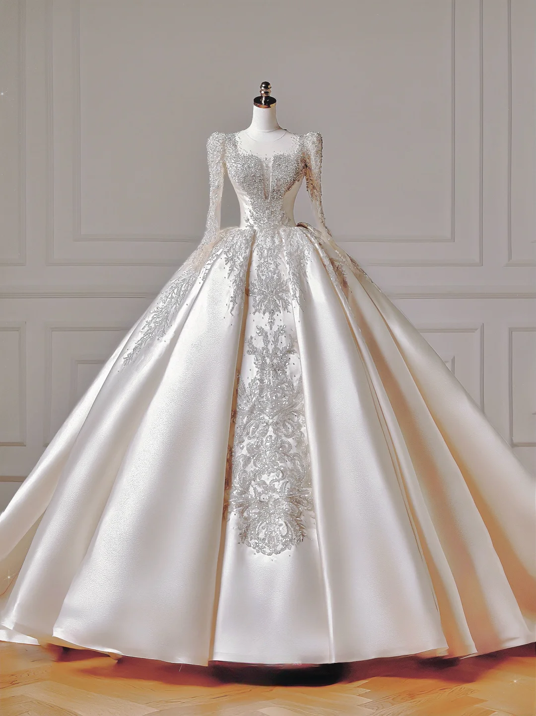 Prinzessinnen-Brautkleid, langes Ballkleid, eckiger Ausschnitt, lange Ärmel, Applikationen, perlenbesetztes Oberteil, Brautkleid AQ043