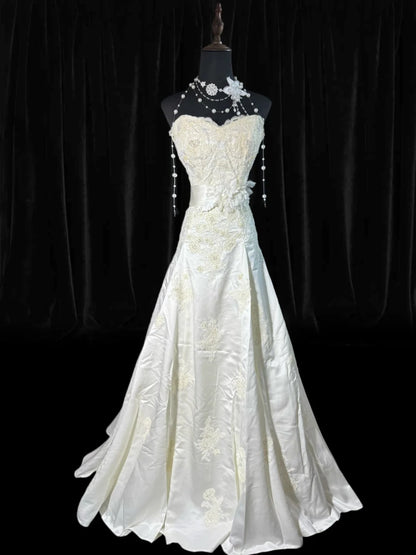 Rustikales langes Brautkleid im 70er-Jahre-Stil, einzigartiges Meerjungfrauen-Kleid mit Herzausschnitt im Boho-Stil mit Spitzenkorsett, figurbetontes Brautkleid für kleine und große Größen AS043
