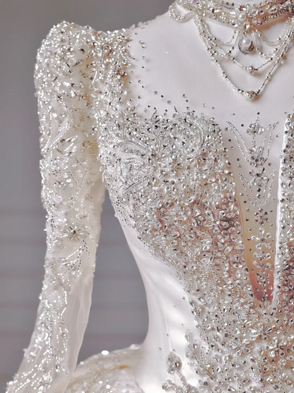 Prinzessinnen-Brautkleid, langes Ballkleid, eckiger Ausschnitt, lange Ärmel, Applikationen, perlenbesetztes Oberteil, Brautkleid AQ043