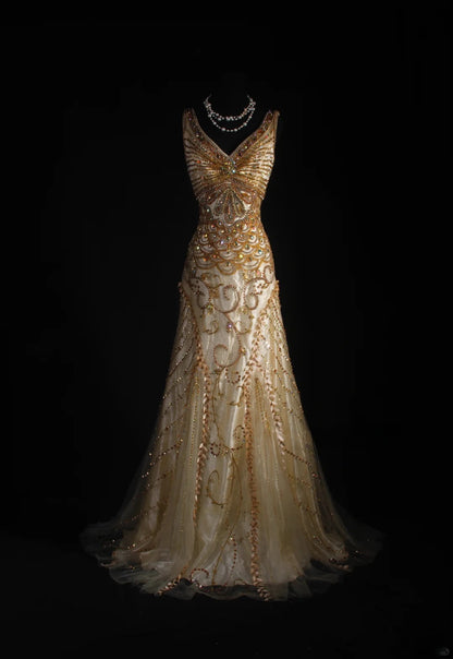 Vintage-Abendkleider im 90er-Jahre-Stil, formell, Meerjungfrauen-Stil, V-Ausschnitt, Tüll, Gold mit Perlenstickerei, lange Partykleider, Ballkleider AS044