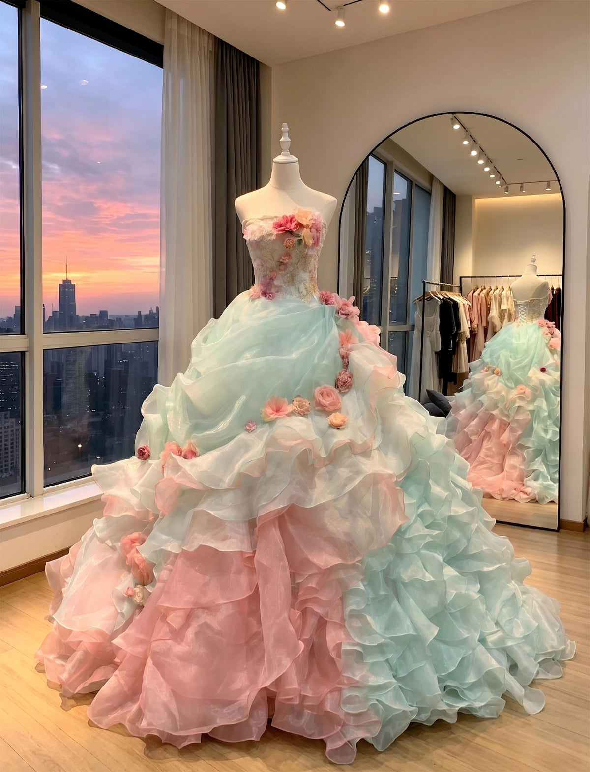 Fairy Quinceanera Dress Ball Gown Strapless Pink Blue With Flowers Tiered Layers Quince Dresses RC1074