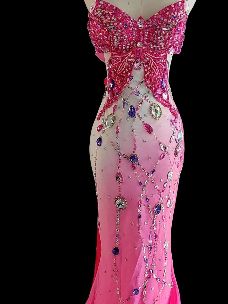 Robe de soirée longue sirène à fines bretelles, blanche et rose ombré, inspiration pour bal de fin d'année AS044