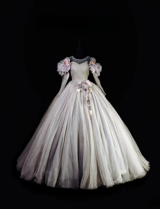 Princess Ball Gown Scoop Silver Tulle With Long Sleeves Quinceañera Dress Moda 2000 15 Quinceanera Dresses Ideas Sweet 16 Outfits RB6936