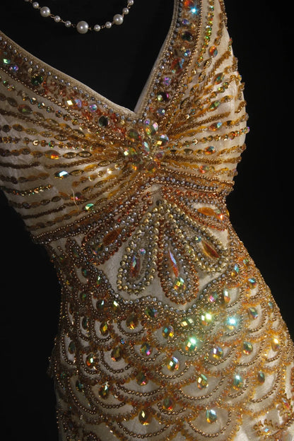 Vintage-Abendkleider im 90er-Jahre-Stil, formell, Meerjungfrauen-Stil, V-Ausschnitt, Tüll, Gold mit Perlenstickerei, lange Partykleider, Ballkleider AS044