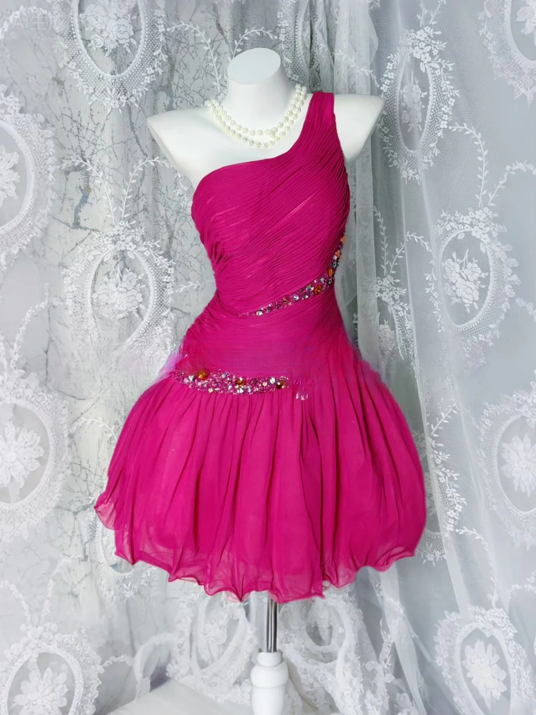 Vintage Hoco Dress Ball Gown Pink One Shoulder Tulle Short Homecoming Party Dresses RB9848