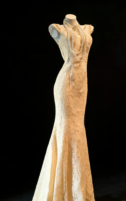Robe de bal longue sexy sirène à col bateau en dentelle champagne sans manches pour femme, tenue de fin d'année scolaire (21 ans) AS044