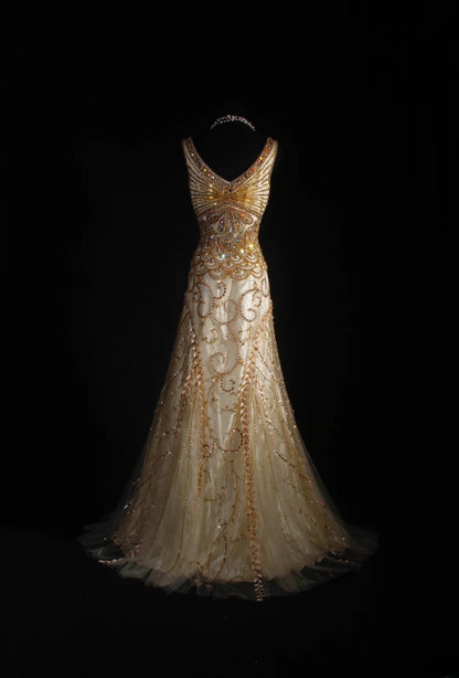 Vintage-Abendkleider im 90er-Jahre-Stil, formell, Meerjungfrauen-Stil, V-Ausschnitt, Tüll, Gold mit Perlenstickerei, lange Partykleider, Ballkleider AS044