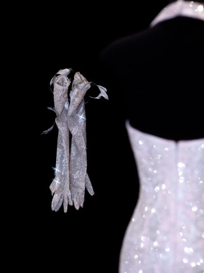 Robe de bal longue sirène à sequins style années 50, fendue et ornée de perles, à prix abordable (SA044)