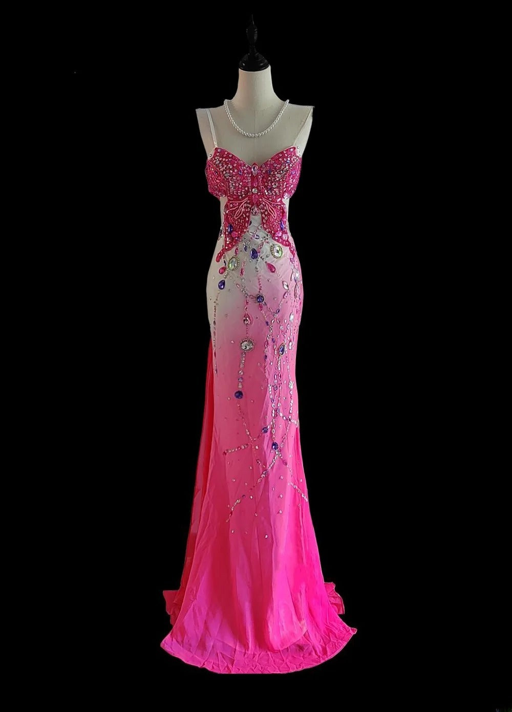 Robe de soirée longue sirène à fines bretelles, blanche et rose ombré, inspiration pour bal de fin d'année AS044