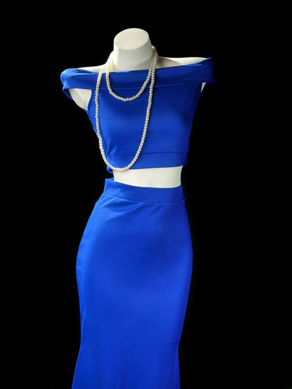 Understated Prom Dresses Mermaid 2 Pieces Royal Blue Satin With Sleeves Evening Dress Formal Outfits RB5852