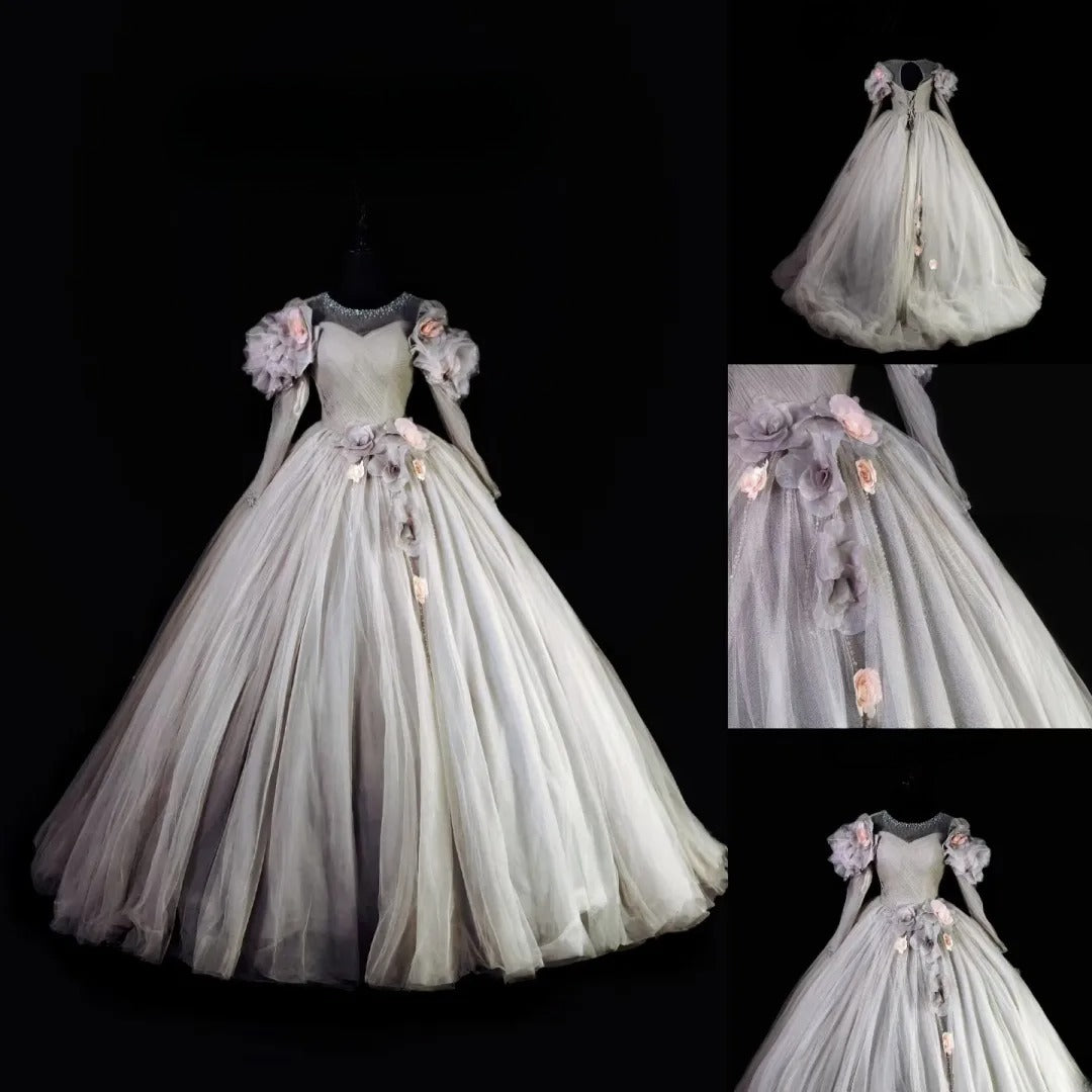 Princess Ball Gown Scoop Silver Tulle With Long Sleeves Quinceañera Dress Moda 2000 15 Quinceanera Dresses Ideas Sweet 16 Outfits RB6936