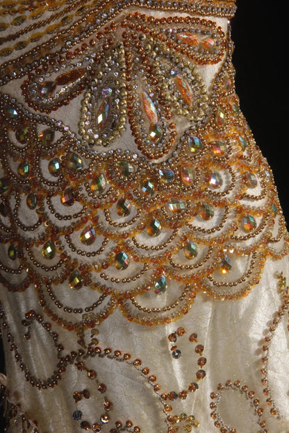 Vintage-Abendkleider im 90er-Jahre-Stil, formell, Meerjungfrauen-Stil, V-Ausschnitt, Tüll, Gold mit Perlenstickerei, lange Partykleider, Ballkleider AS044