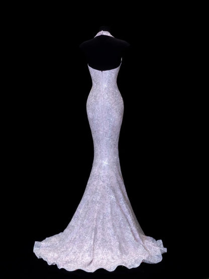 Robe de bal longue sirène à sequins style années 50, fendue et ornée de perles, à prix abordable (SA044)