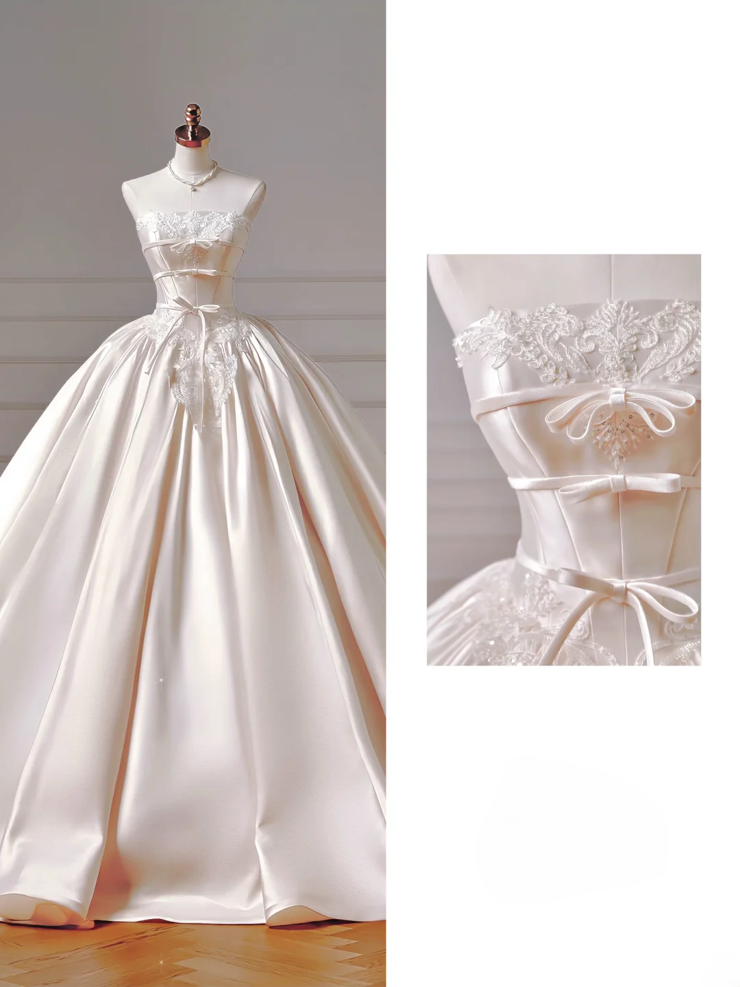 Prinzessinnen-Brautkleid, langes, ärmelloses Ballkleid aus Satin mit Spitzenapplikationen und Schleppe, Modell AQ045