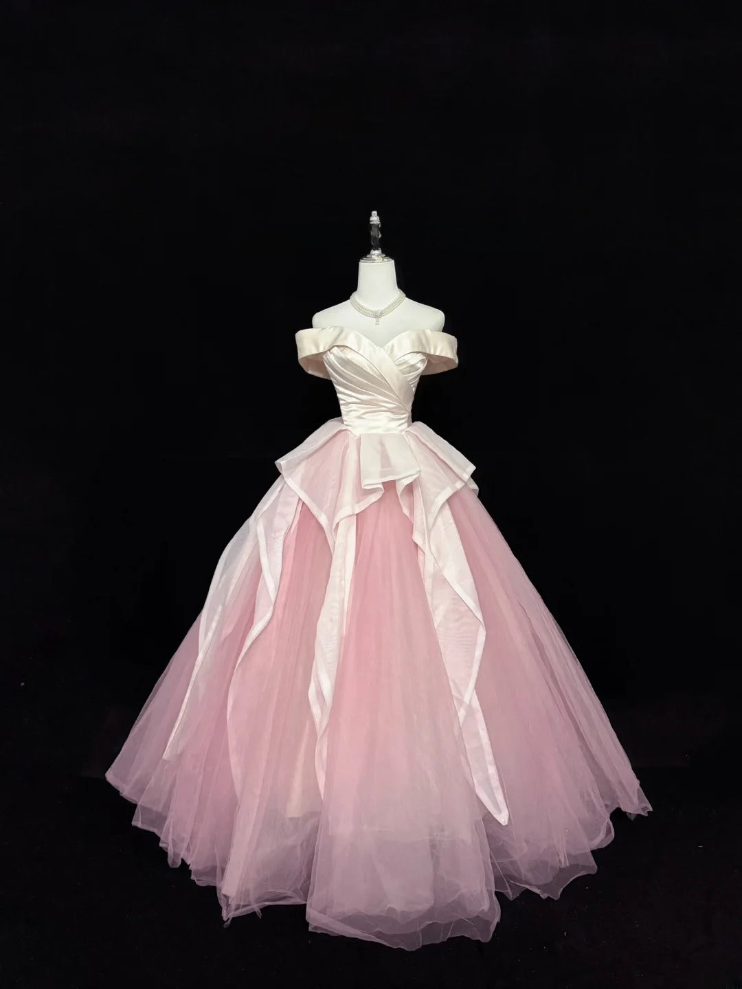 Classy Ball Gown Off The Shoulder Pink Satin With Ruffled Quince Dress Voluminous Sweet 16 Quinceanera Dresses Vestido de RB7416