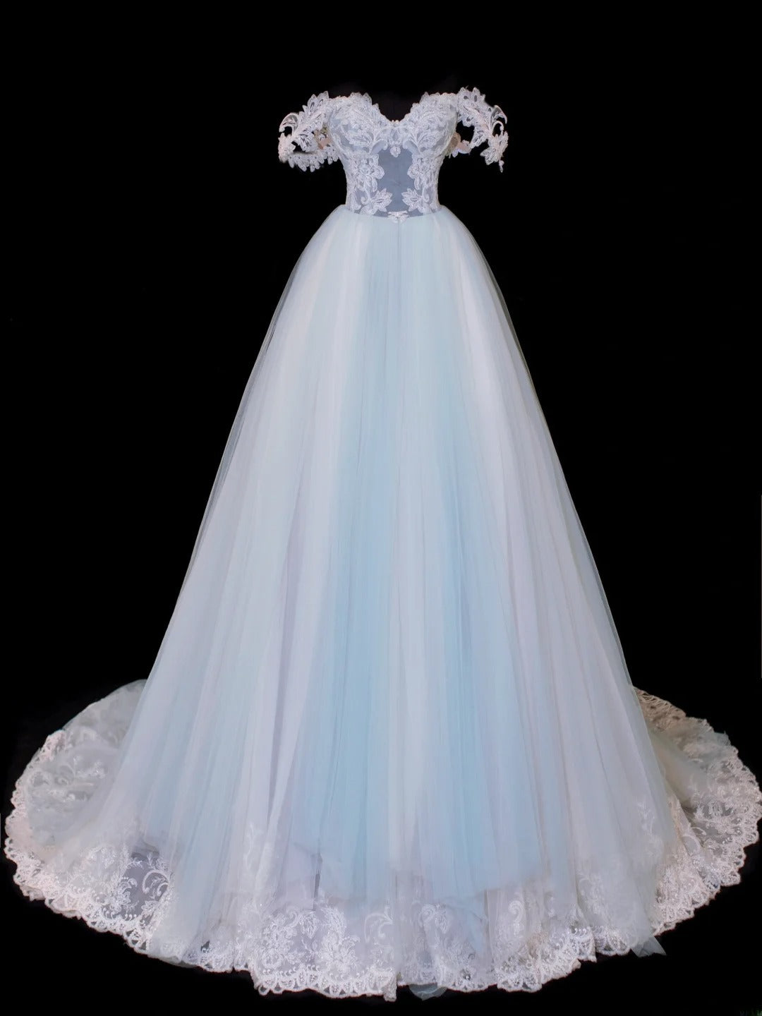 Robe de bal sobre et élégante, robe de soirée longue en tulle bleu à épaules dénudées, style SA045