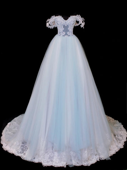 Robe de bal sobre et élégante, robe de soirée longue en tulle bleu à épaules dénudées, style SA045