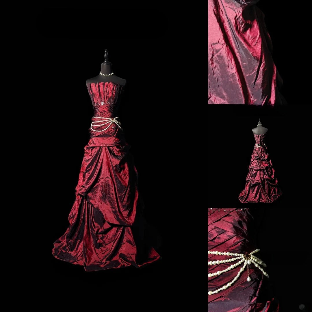 Vintage Ball Gown Strapless Burgundy Taffeta Long Prom Dress With Ruffled Formal Dress Long Party Dresses RB6937