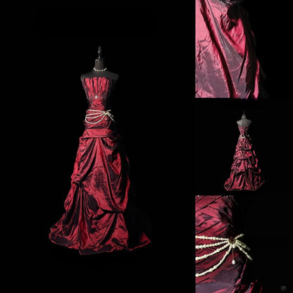 Vintage Ball Gown Strapless Burgundy Taffeta Long Prom Dress With Ruffled Formal Dress Long Party Dresses RB6937