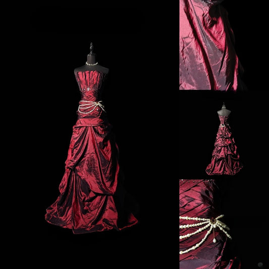 Vintage Ball Gown Strapless Burgundy Taffeta Long Prom Dress With Ruffled Formal Dress Long Party Dresses RB6937