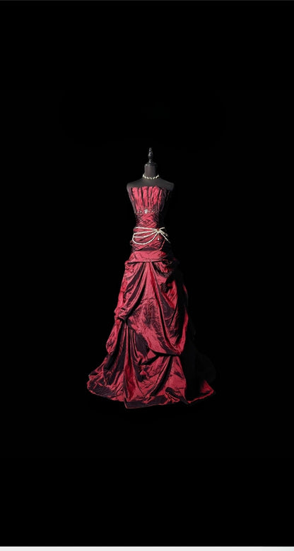 Vintage Ball Gown Strapless Burgundy Taffeta Long Prom Dress With Ruffled Formal Dress Long Party Dresses RB6937