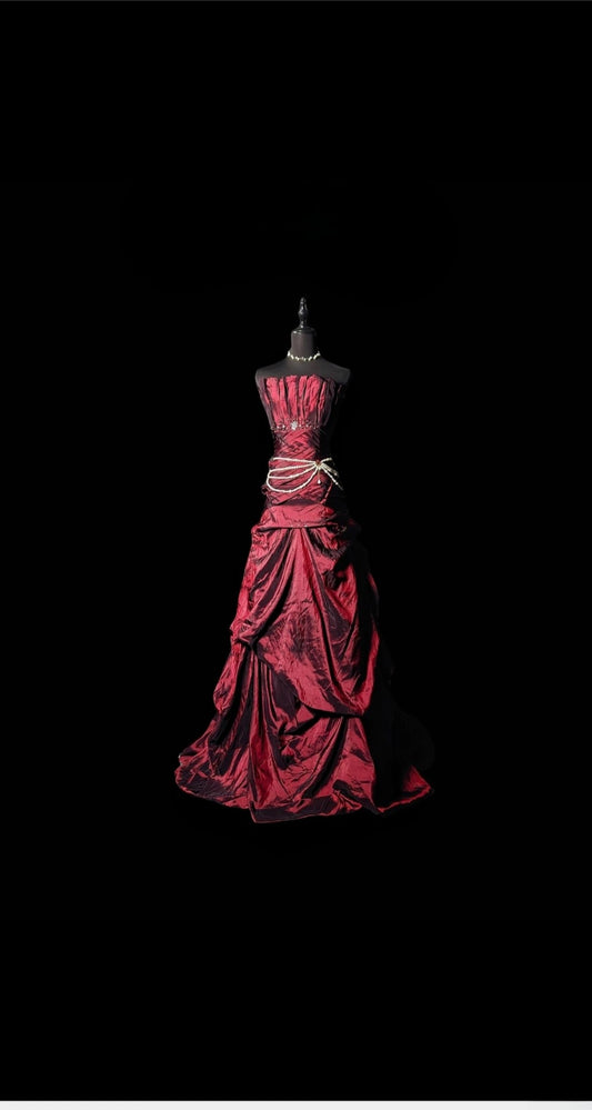 Vintage Ball Gown Strapless Burgundy Taffeta Long Prom Dress With Ruffled Formal Dress Long Party Dresses RB6937