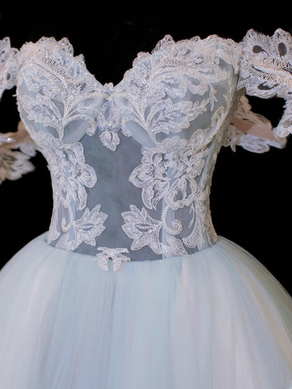 Robe de bal sobre et élégante, robe de soirée longue en tulle bleu à épaules dénudées, style SA045