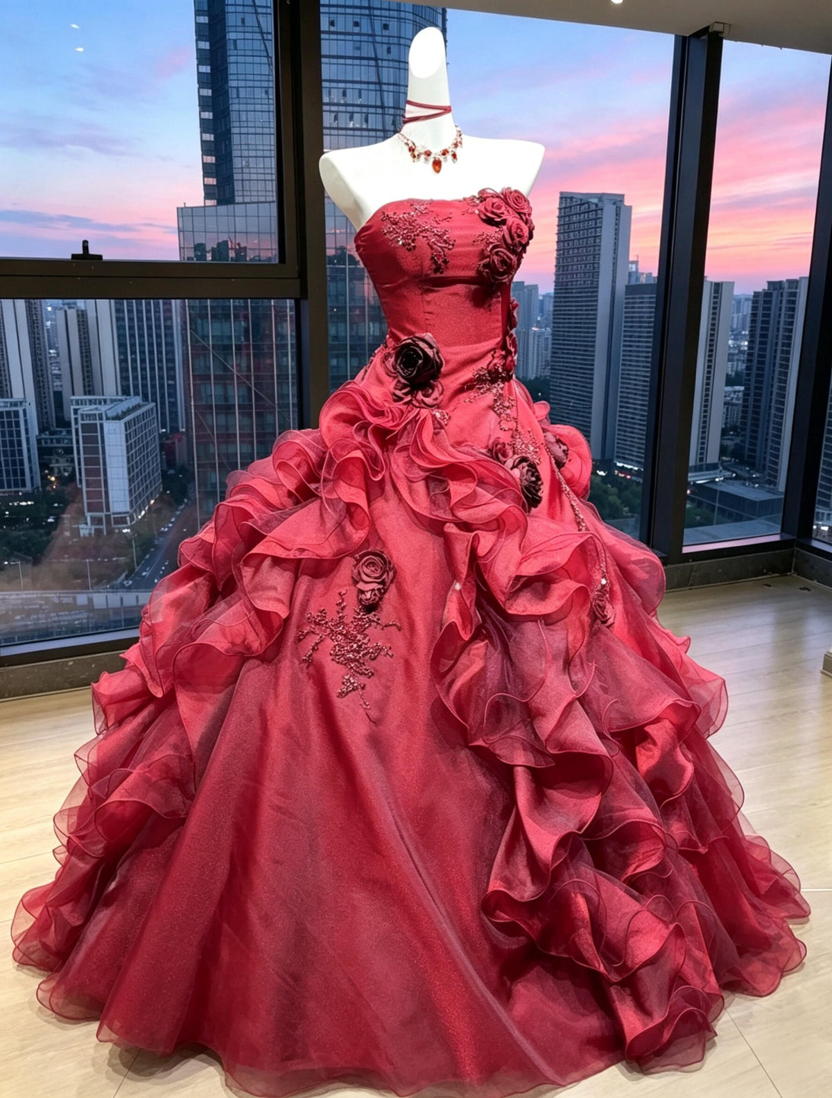Fairy Quinceanera Dress Ball Gown Strapless Burgundy With 3D Flowers Tiered Layers Quince Dresses RC1075