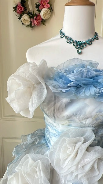 Dezentes Ballkleid für den Abschlussball, schulterfrei, Blau, Organza mit Blumen, Kleid für Homecoming und Geburtstagsparty, RC0414