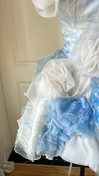 Modest Hoco Dress Ball Gown Strapless Blue Organza Flowers Homecoming Birthday Party Dress RC0414