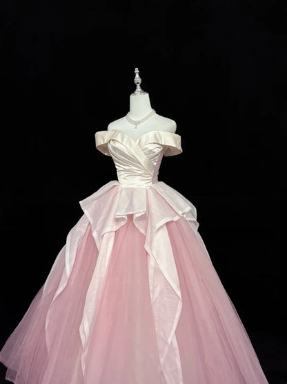 Classy Ball Gown Off The Shoulder Pink Satin With Ruffled Quince Dress Voluminous Sweet 16 Quinceanera Dresses Vestido de RB7416