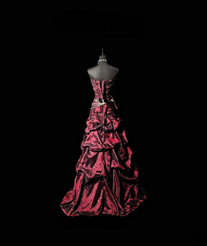 Vintage Ball Gown Strapless Burgundy Taffeta Long Prom Dress With Ruffled Formal Dress Long Party Dresses RB6937