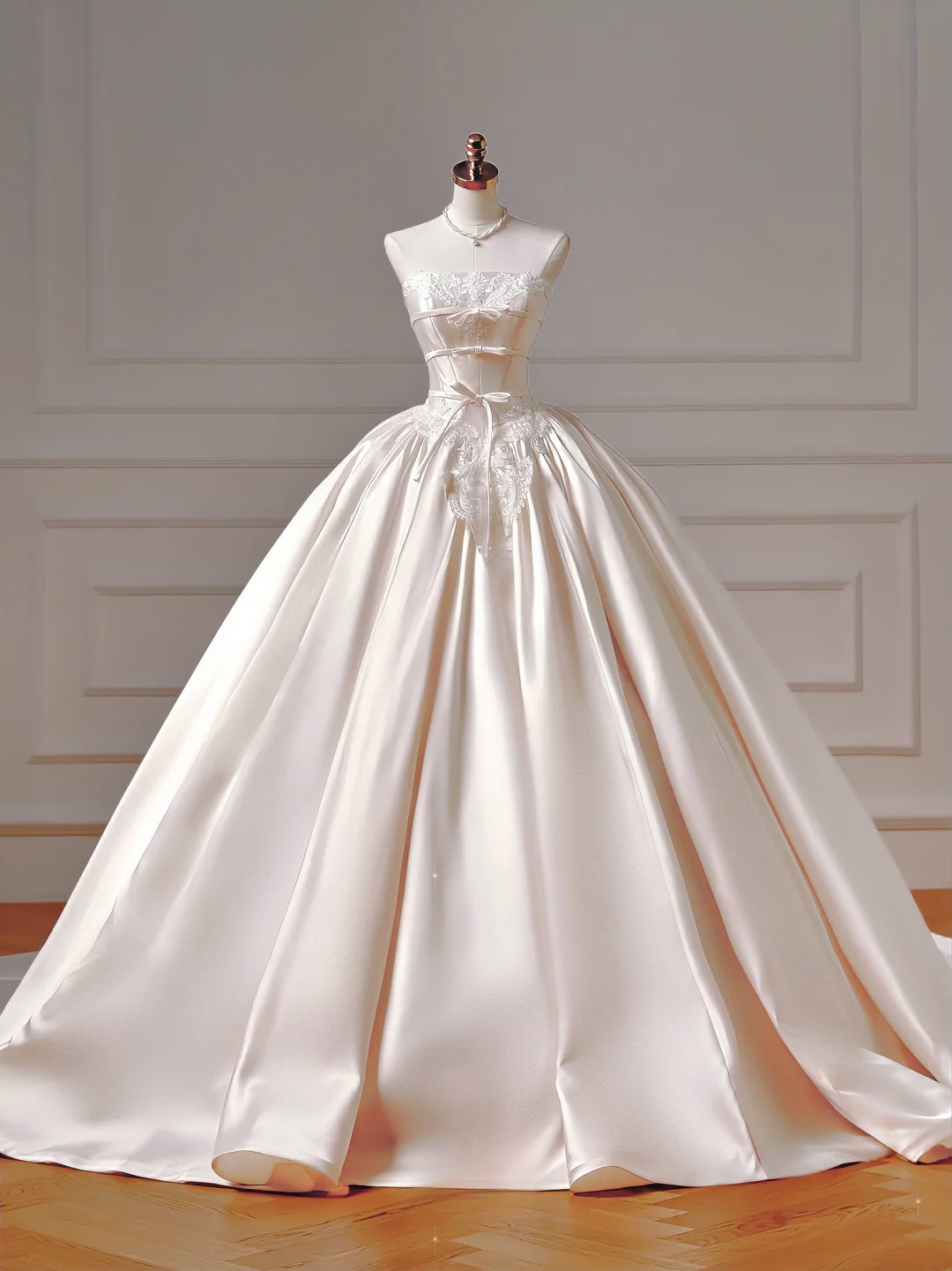 Prinzessinnen-Brautkleid, langes, ärmelloses Ballkleid aus Satin mit Spitzenapplikationen und Schleppe, Modell AQ045