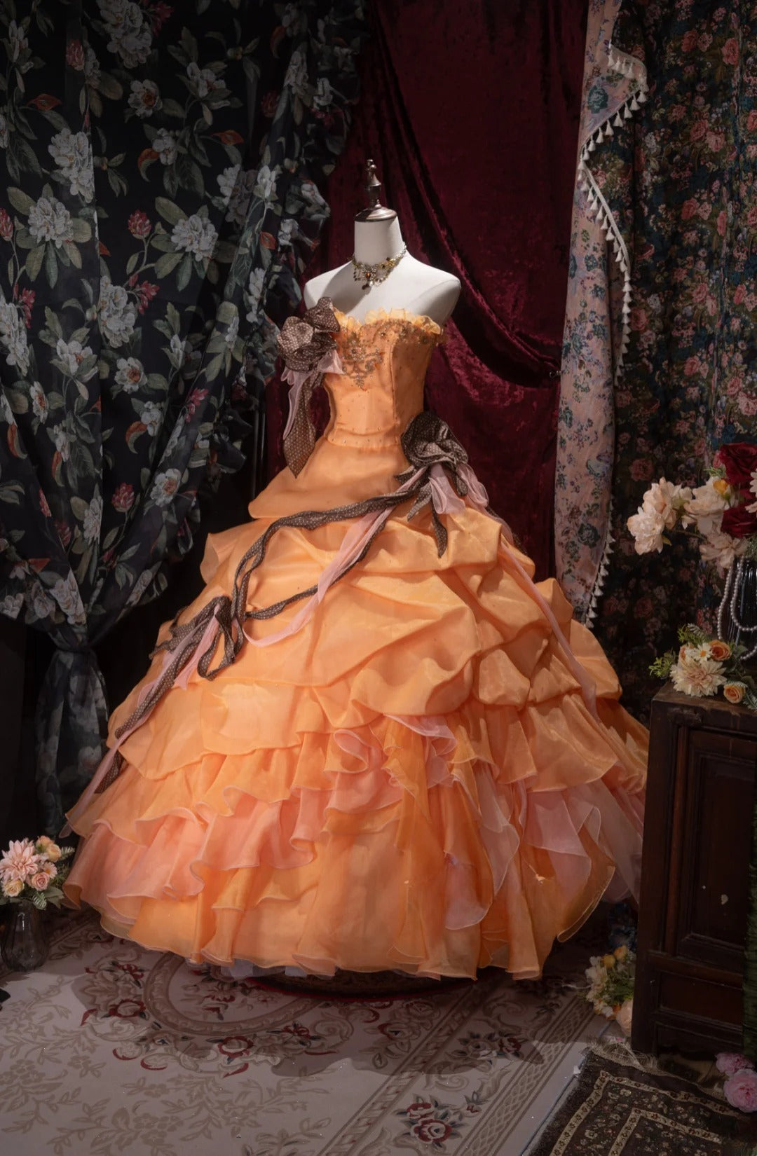 Charming Ball Gown Strapless Orange With Tiered Layers Long Quince Dress Quinceanera Dresses Formal Birthday Outfits RB8069