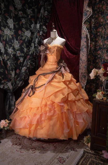 Charming Ball Gown Strapless Orange With Tiered Layers Long Quince Dress Quinceanera Dresses Formal Birthday Outfits RB8069