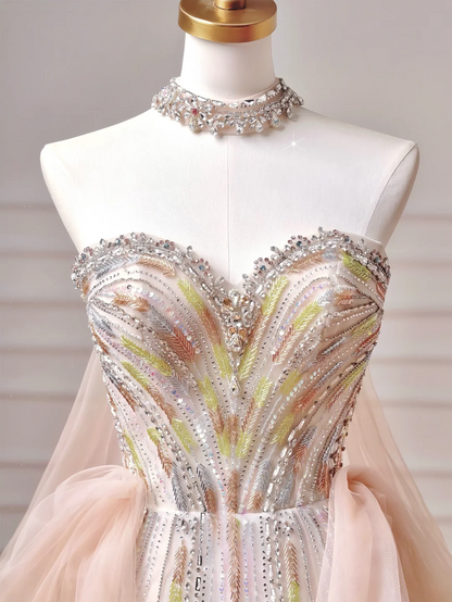 Robe de bal scintillante, robe de soirée esthétique bustier rose ombré ornée de perles et de plumes, inspiration pour impressionner, longue robe de cérémonie pour adolescentes et lycéennes AQ046