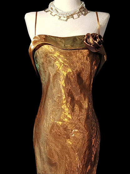 Robe de bal longue sans manches à bretelles spaghetti style sirène rétro années 60, ornée de fleurs, idéale pour les fêtes de fin d'année scolaire (AS046)