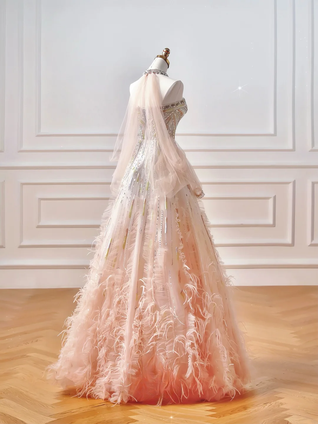 Robe de bal scintillante, robe de soirée esthétique bustier rose ombré ornée de perles et de plumes, inspiration pour impressionner, longue robe de cérémonie pour adolescentes et lycéennes AQ046