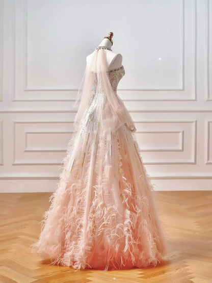 Robe de bal scintillante, robe de soirée esthétique bustier rose ombré ornée de perles et de plumes, inspiration pour impressionner, longue robe de cérémonie pour adolescentes et lycéennes AQ046