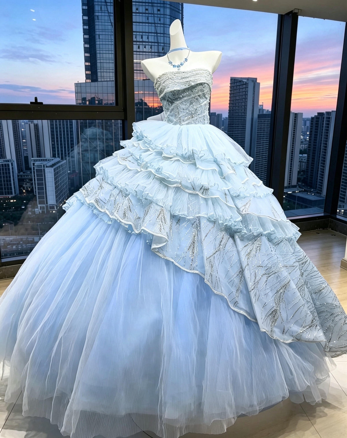 Fairy Quinceanera Dress Ball Gown Strapless Blue With Sequin Tiered Layers Quince Dresses RC1076
