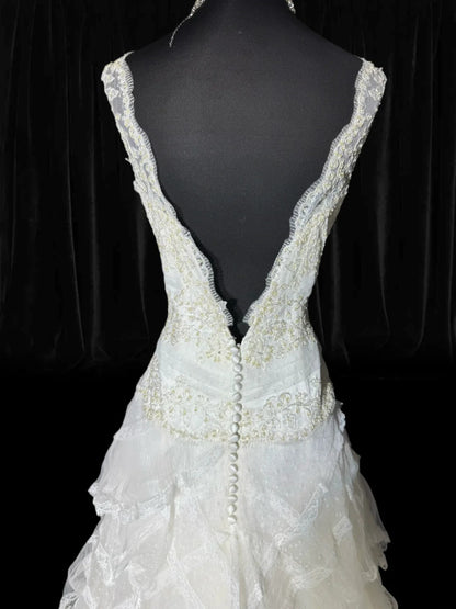 Rustikales langes Brautkleid im 70er-Jahre-Stil mit einzigartigem Ballkleid, V-Ausschnitt und Bohème-Charme, mit Spitze, figurbetont, auch in kleinen und großen Größen erhältlich (AS046).