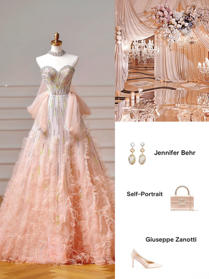 Robe de bal scintillante, robe de soirée esthétique bustier rose ombré ornée de perles et de plumes, inspiration pour impressionner, longue robe de cérémonie pour adolescentes et lycéennes AQ046